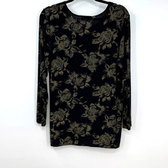 VTG Y2K Es Se Dark Floral Top Shirt L Black Slinky Knit Long Sleeve Witchy Vamp - Picture 5 of 8